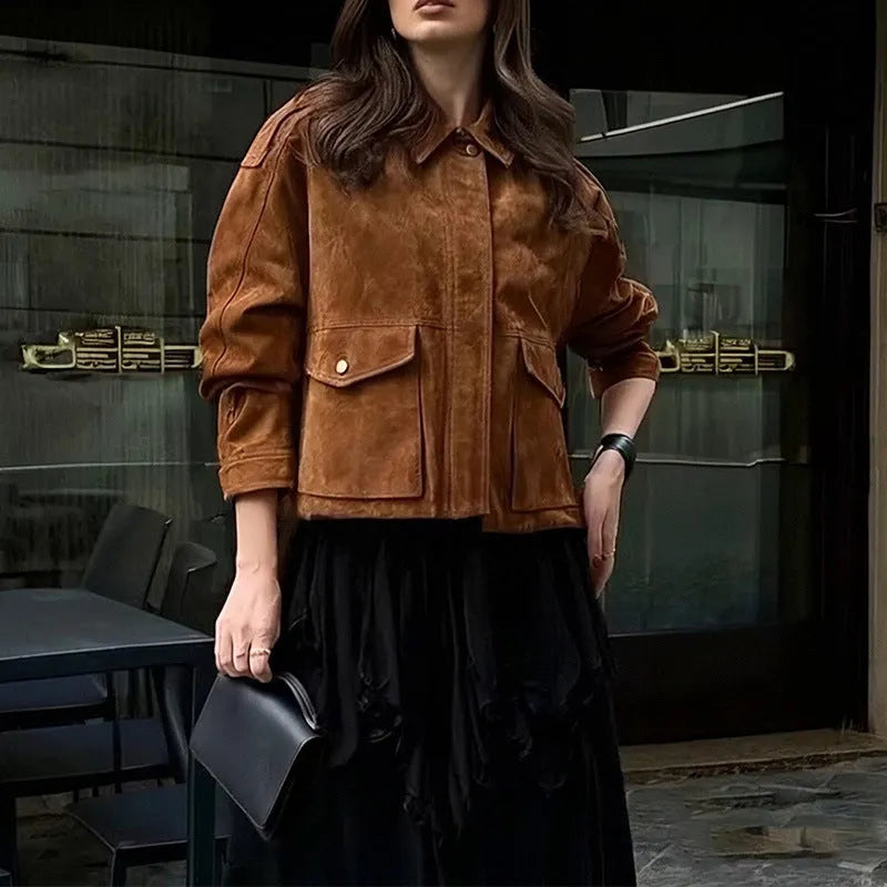 Women's street chic suede coat with regular sleeves in bright brown colour option