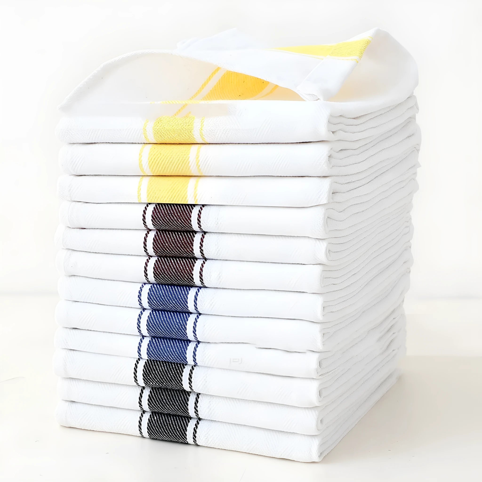 Set of 12 stripe pattern dishwashing towels in polyester cotton blend measuring 48x70cm