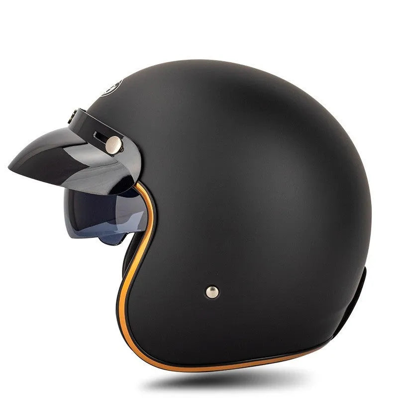Retro style half helmet for motorcycle riding shown in multiple colour options on a grey background