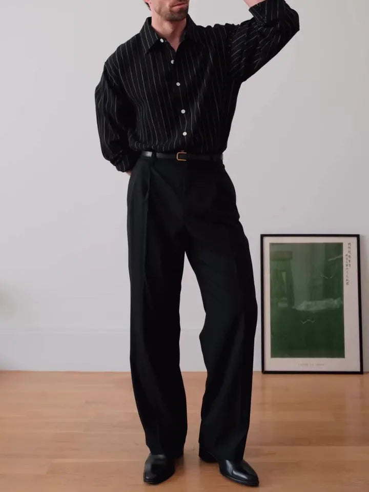 Men's black pinstriped long sleeve button-down shirt with a regular fit.
