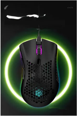 Hollow-out wireless gaming mouse with luminous charging feature in cyan colour.