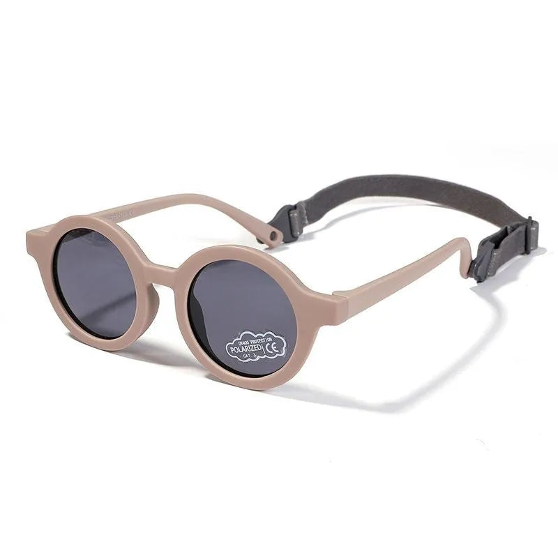 Children's silicone sunglasses with round frames for 0-3 year olds in multiple colour options showing UV400 and polarized protection
