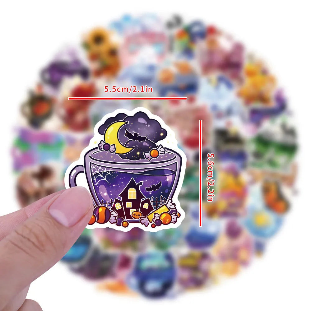 Colourful tea cup graffiti design waterproof stickers 50 piece pack for luggage and scooter personalisation