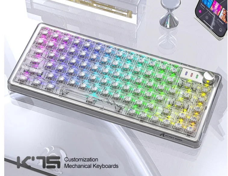 Attack Shark K75RGB wireless mechanical keyboard with transparent PC case showing RGB lighting
