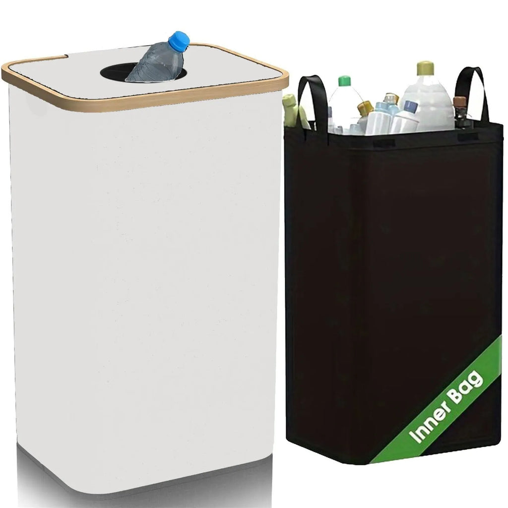 Black bamboo laundry basket with lid, removable recycling compartment, ventilation holes, and double inner pockets