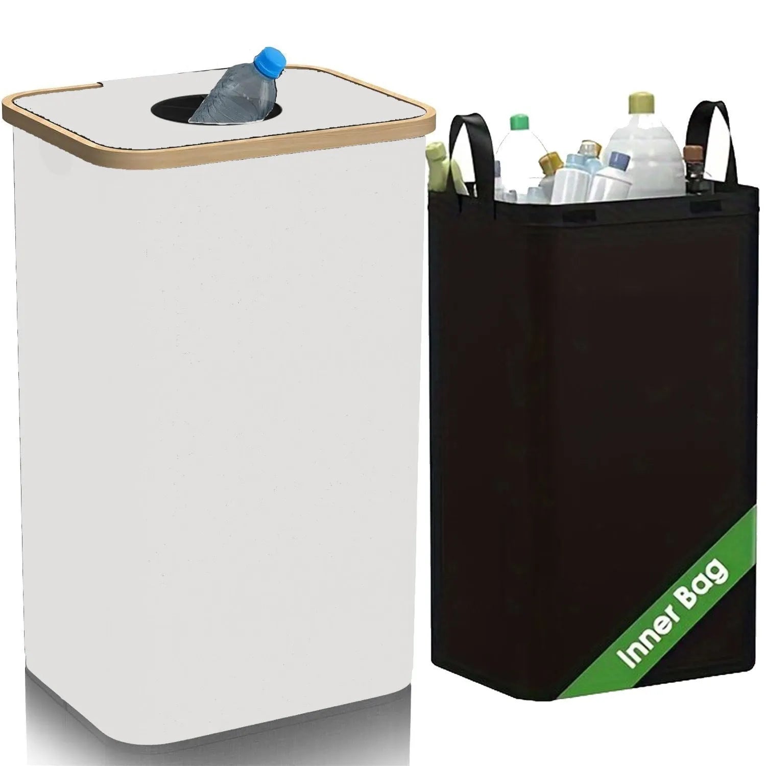Black bamboo laundry basket with lid, removable recycling compartment, ventilation holes, and double inner pockets