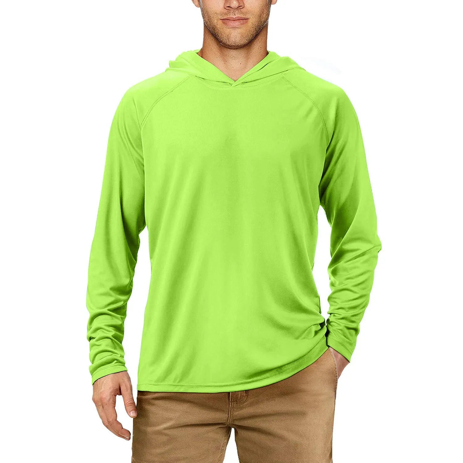 UPF50 hooded slim fit sun protection fishing suit in fluorescent green, polyester quick-dry fabric, available in multiple colours and sizes