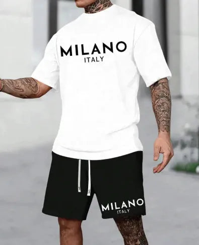 Men's short sleeve suit set with round neck pullover top and matching shorts in five colour options