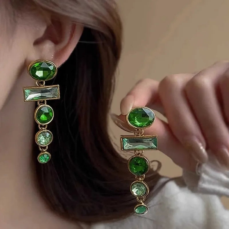 Geometric green gradient earrings with zircon inlay and tassel drops, Chinese style design