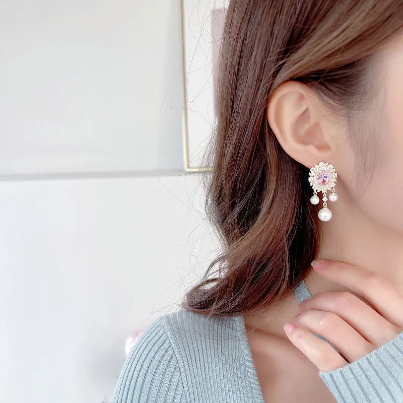 Oval geometric zircon inlaid pearl tassel earrings in light purple, pink, white or light blue colours