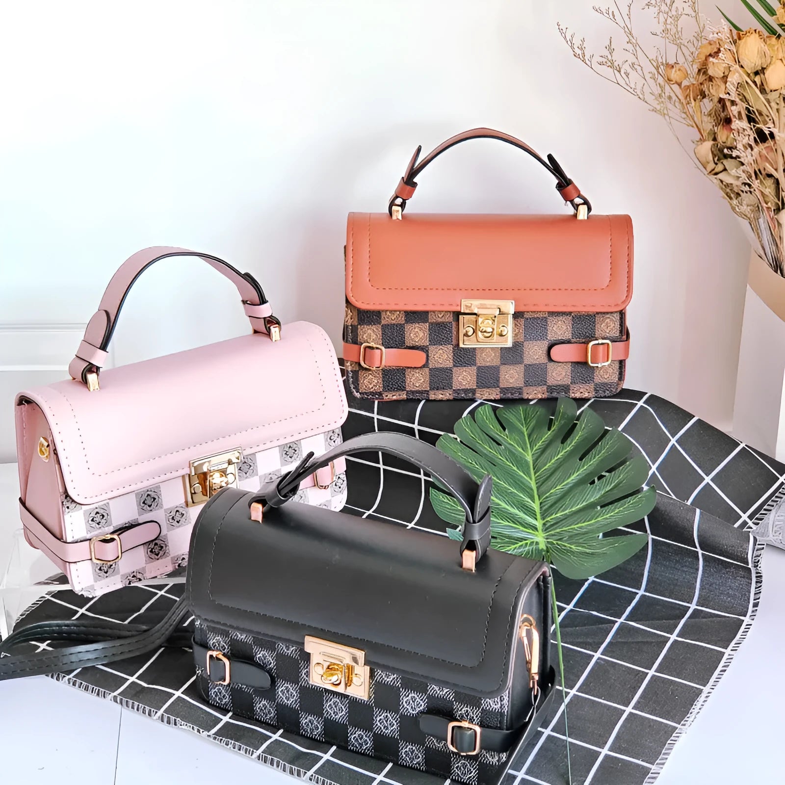 PU leather retro square pattern crossbody bag with floral decoration and file organisation compartment