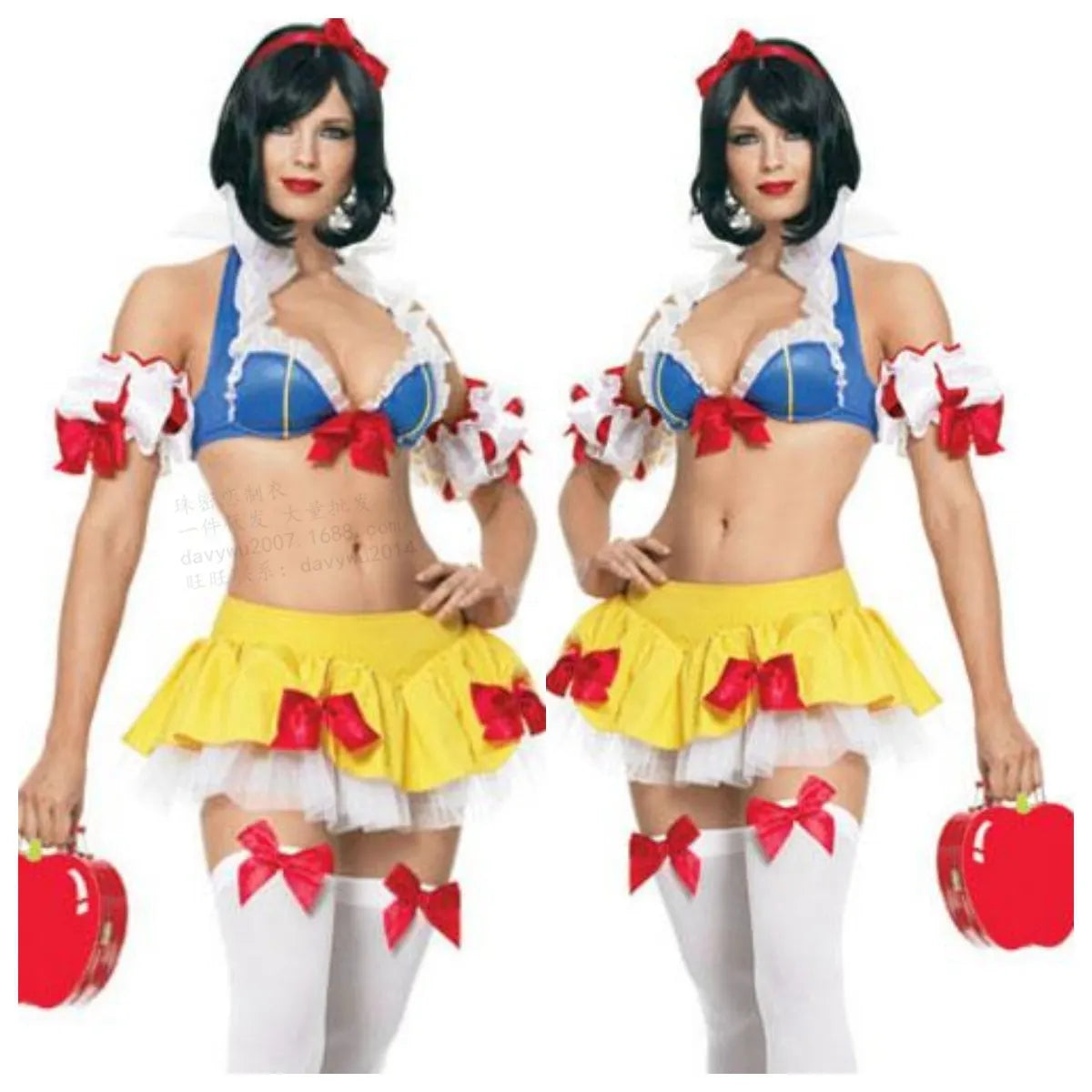 Anime Snow White Halloween dress cosplay costume set with headdress, top, skirt and hand sleeves
