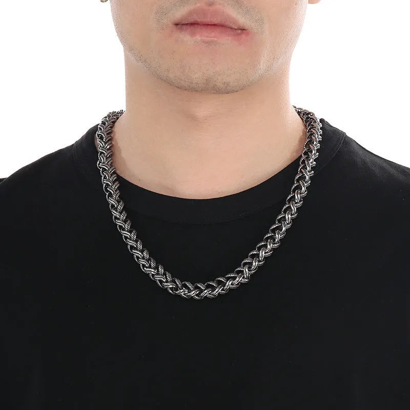 Men's titanium steel keel chain necklace in antique silver with large hemp flowers links