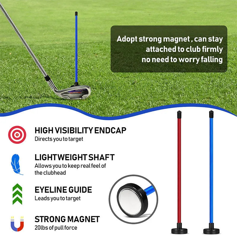 Aluminium golf swing trainer with magnetic direction indicator in red and blue colour options