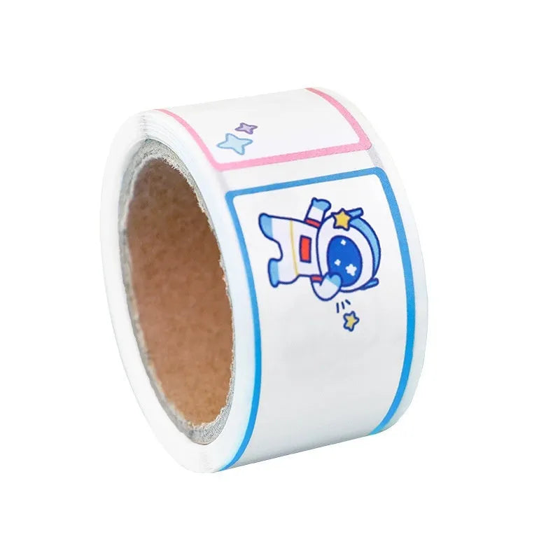 Roll of colourful cartoon name tape stickers showing Dinosaur, Astronaut, Rabbit, and Girl design options.