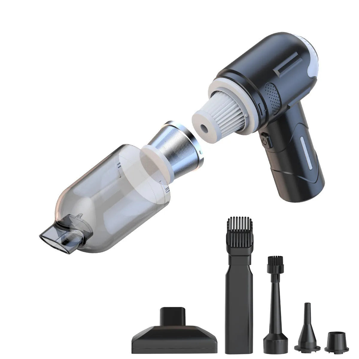 Handheld cordless pet hair vacuum cleaner with attachments on a grey sofa.
