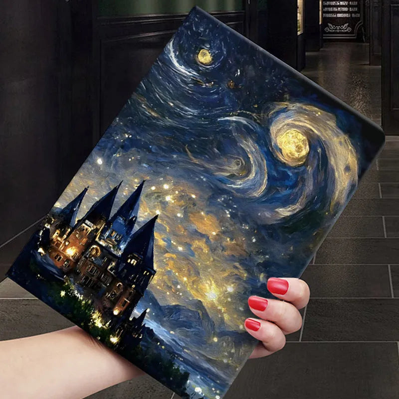 Handmade liquid silicone flip case for iPad featuring floral and oil painting designs.