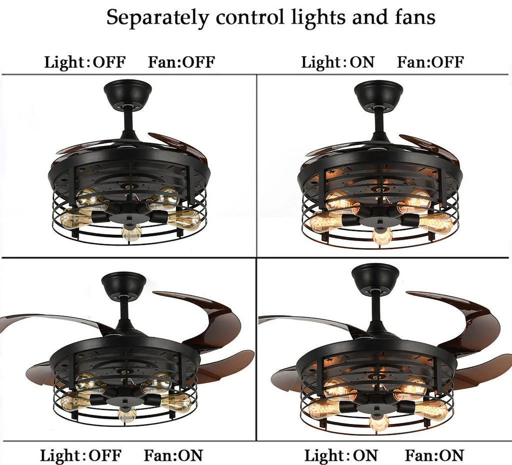 Industrial American retro style 42-inch ceiling fan with integrated light and remote control.