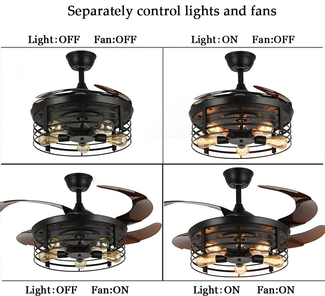 Industrial American retro style 42-inch ceiling fan with integrated light and remote control.
