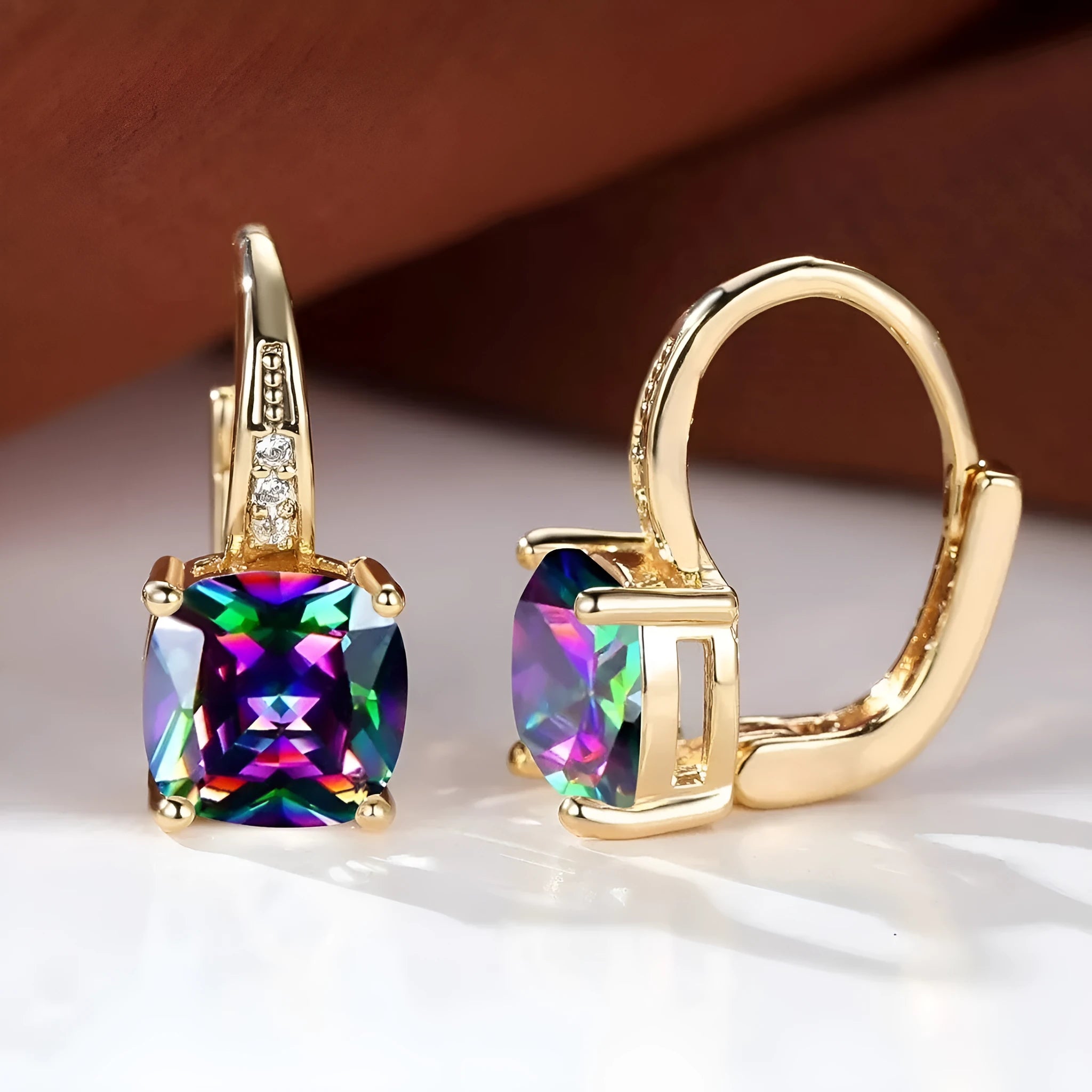 Geometric square colourful moissanite ear clips with electroplated copper construction