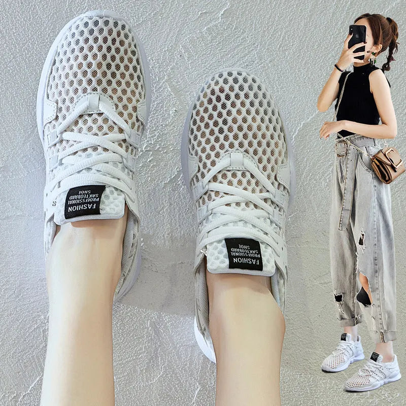 Low-top breathable mesh sneaker with hollow design in various colours on a white background.