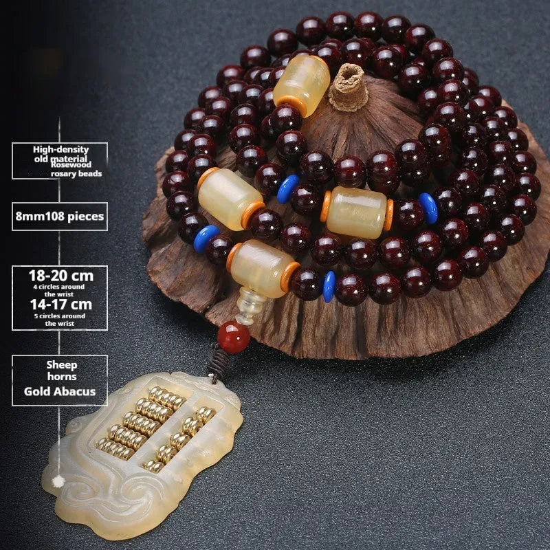 Men's rosewood bead bracelet with 108 beads, shown in a choice of lapis lazuli, turquoise, or red agate styles.
