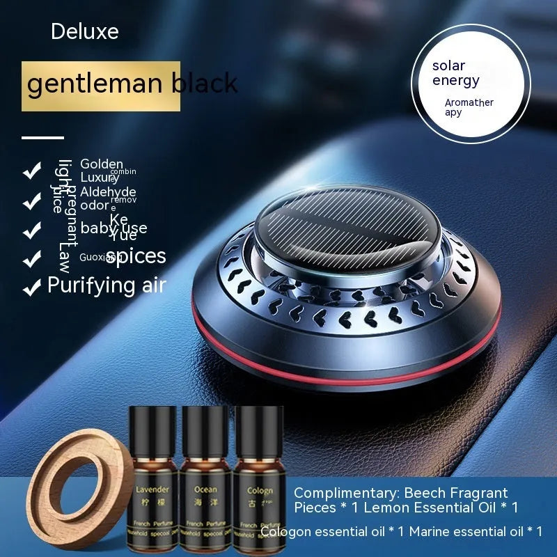 Solar-powered aluminium alloy car air freshener in black, red, or silver for odour removal.