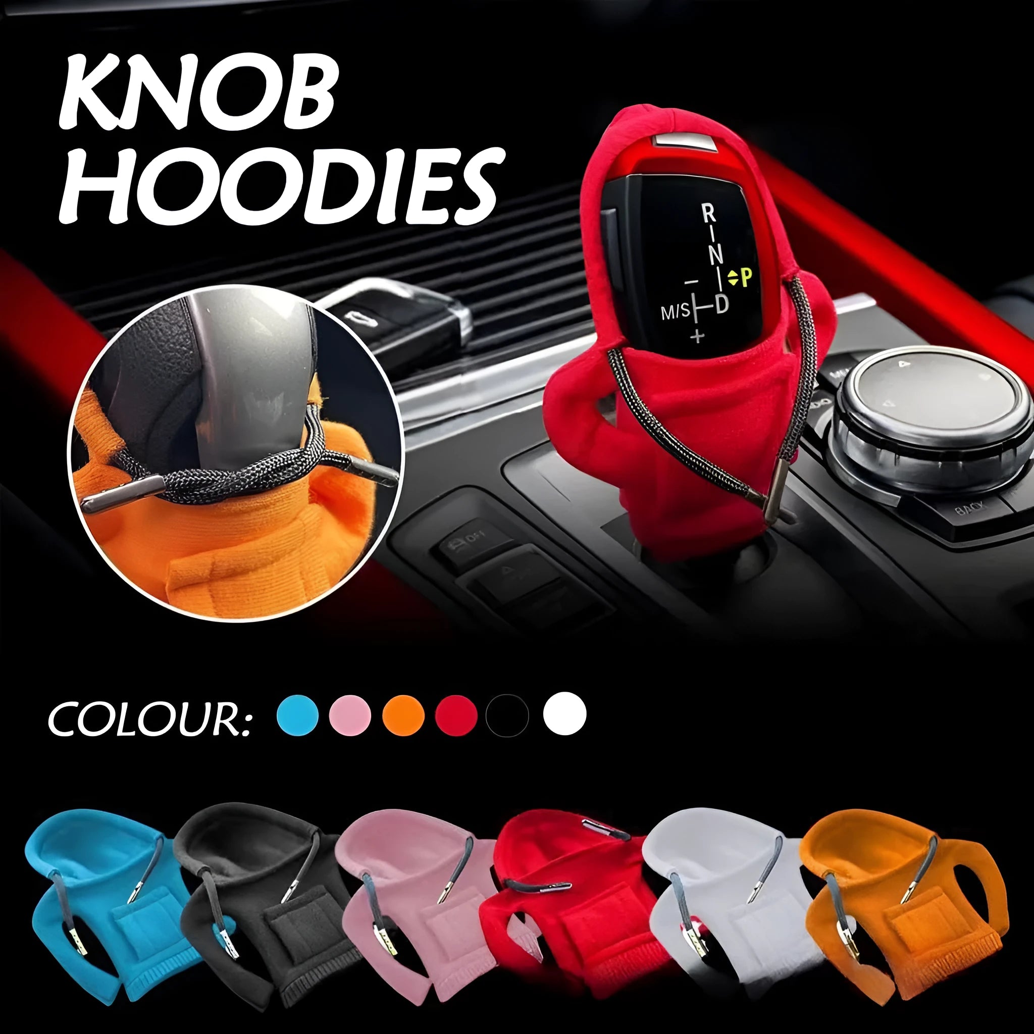 Dutch velvet car gear handle sleeve cover in multiple colours on a car gear lever.