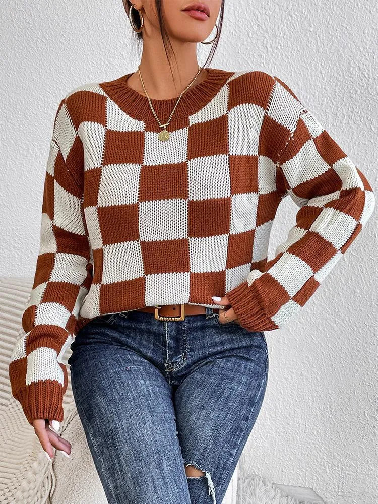 Dark brown acrylic pullover sweater with plaid chessboard pattern, loose round neck, and long sleeves
