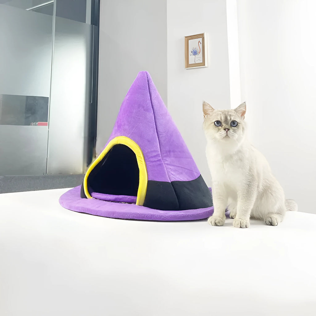 Purple Halloween witch hat shaped soft cloth cat bed for pets.