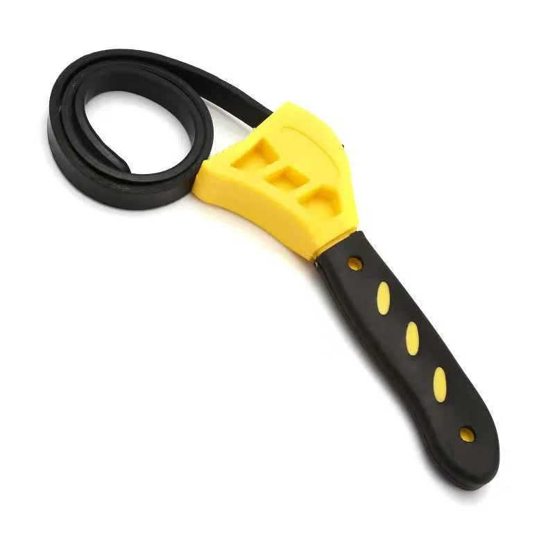 A 6-inch and 8-inch adjustable rubber strap wrench set with a black rubber strap and plastic handle.
