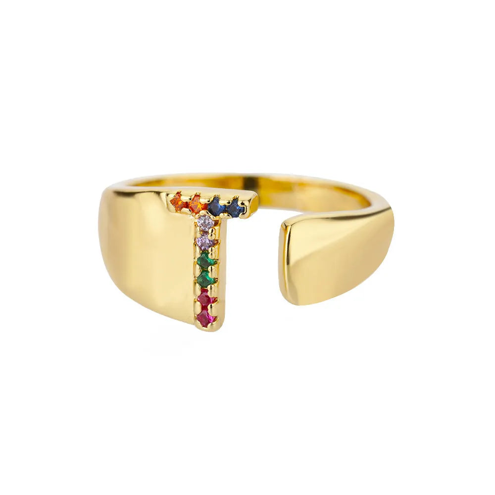 Fashion micro-set colored zirconium adjustable open ring showing letter A on a copper electroplated base