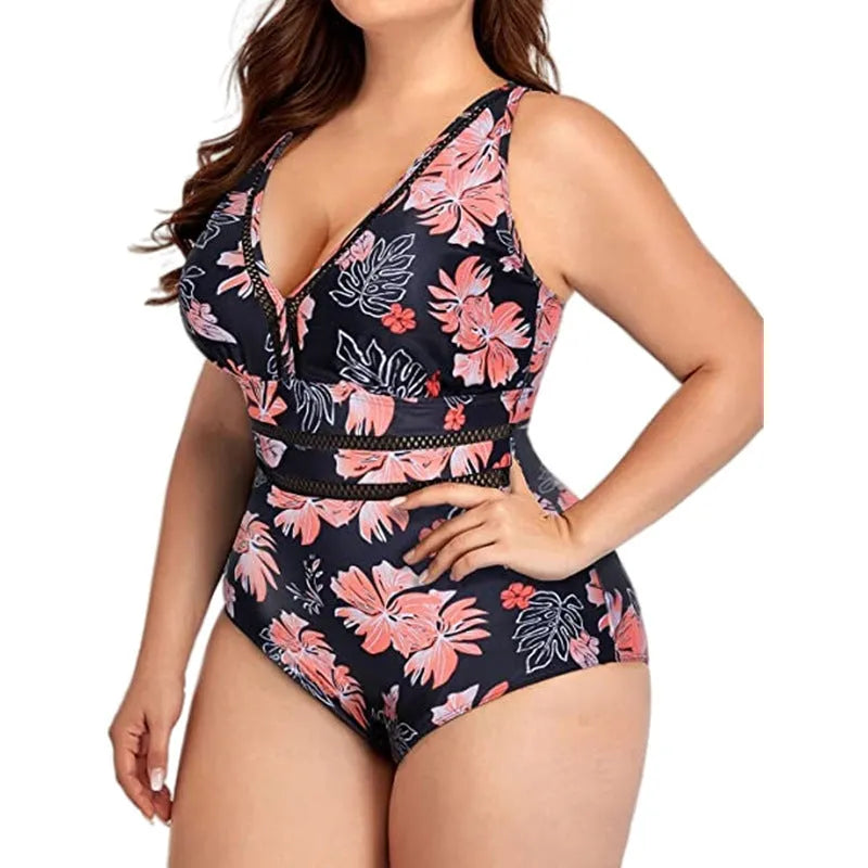 Black printed plus size women's bikini swimsuit with mesh fabric stitching detail
