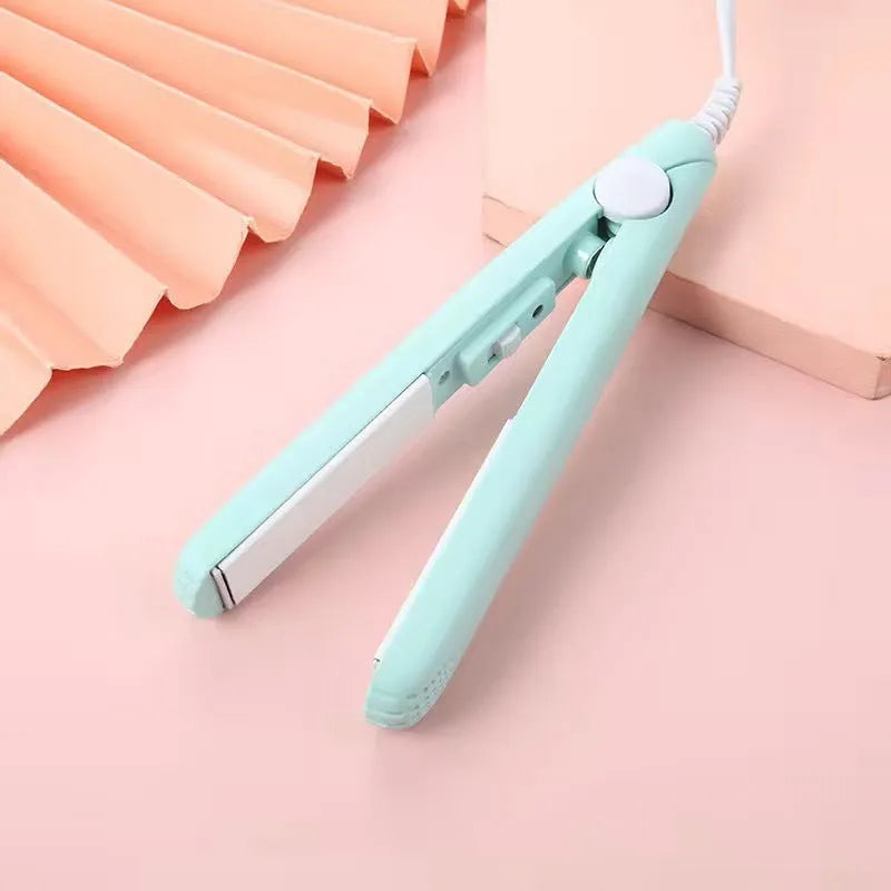 Mini hair straightener with storage box in choice of blue, pink, purple, white or yellow colour
