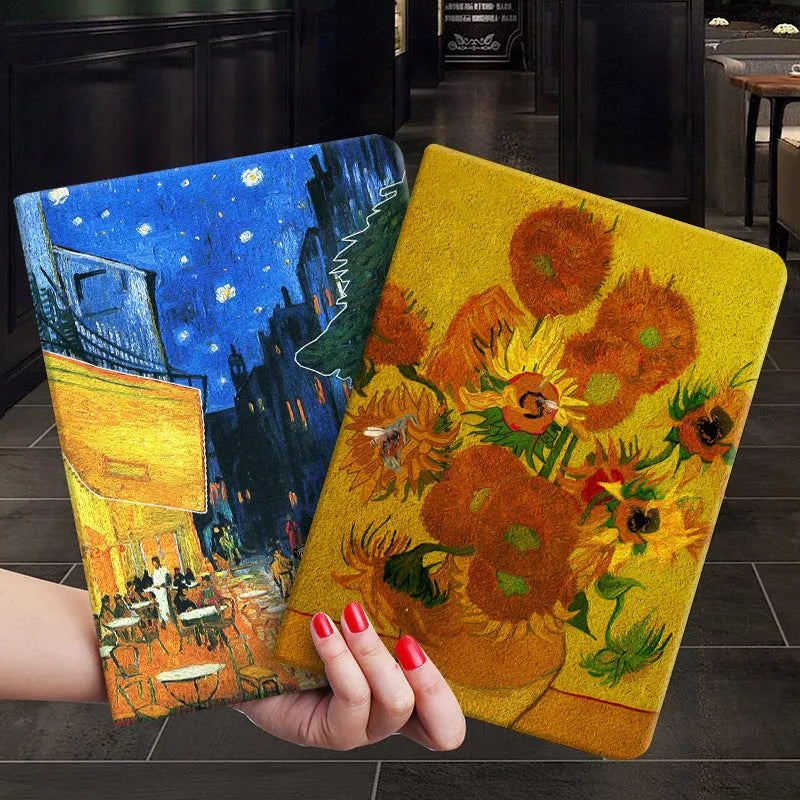 Handmade liquid silicone flip case for iPad featuring floral and oil painting designs.