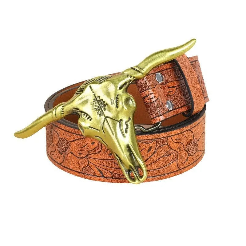Men's imitation leather belt with cow head buckle design in black or brown colours