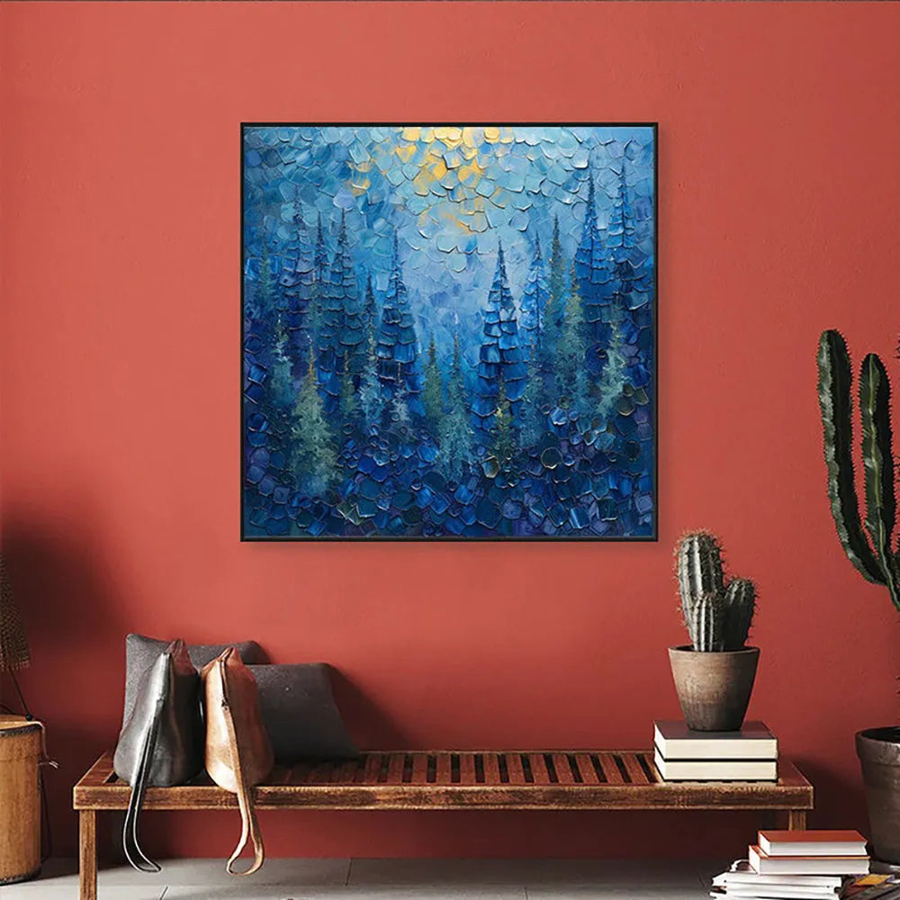 Blue mysterious forest tree abstract landscape hand painted oil painting on canvas, square size, no frame, for living room decor