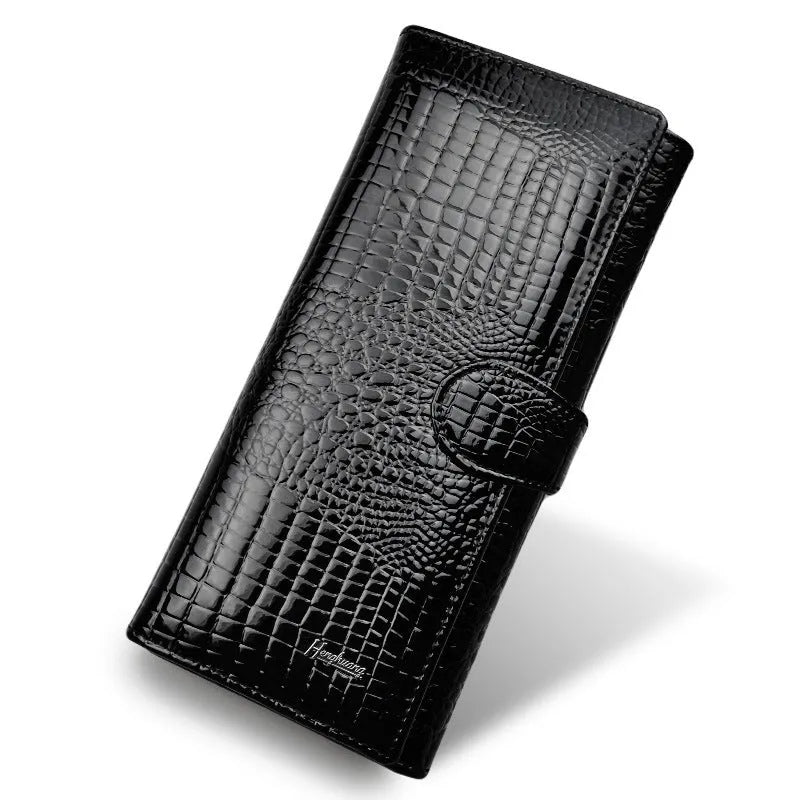 Women's patent leather coin purse with crocodile pattern in red, black, and wine red colours