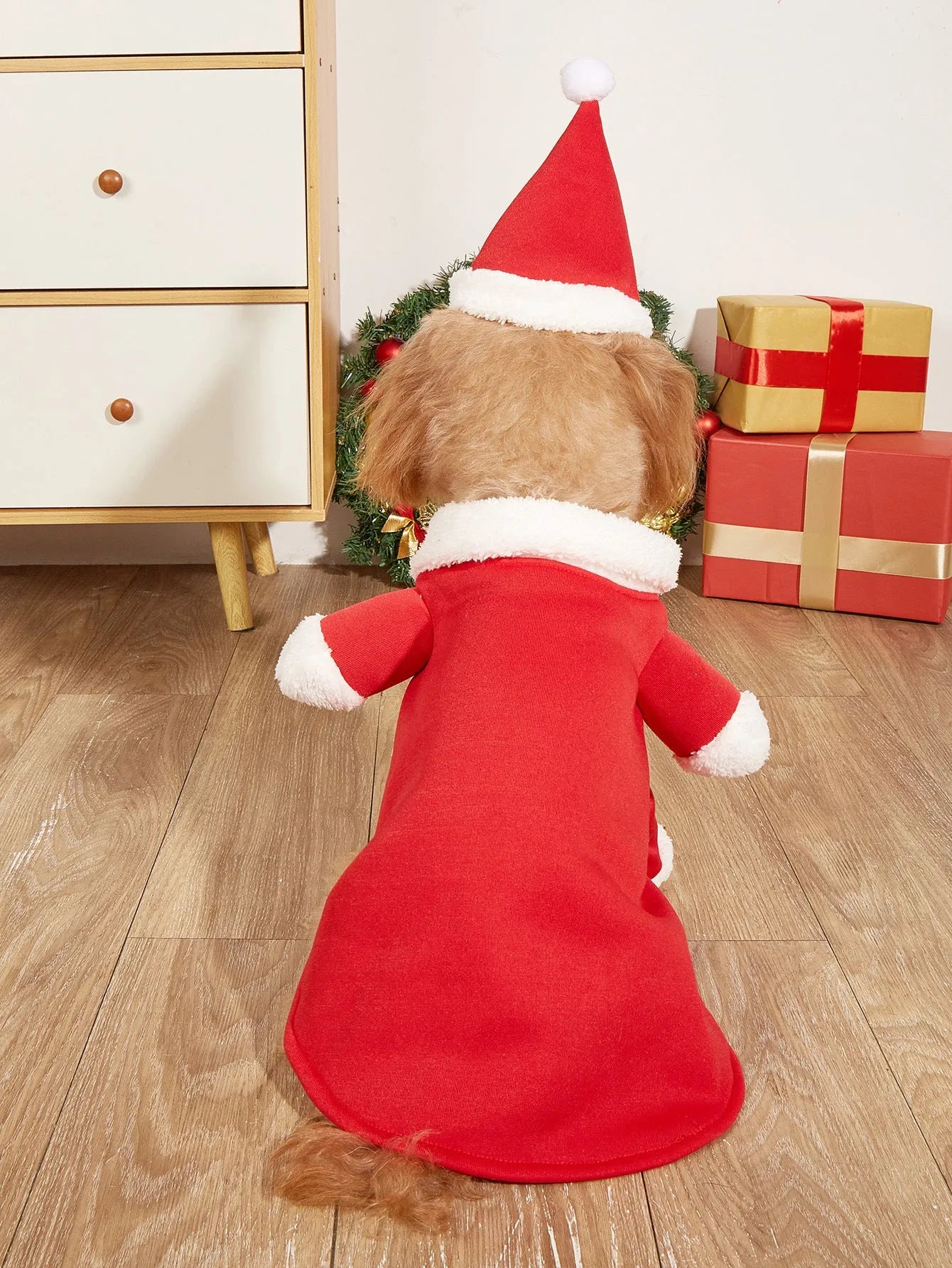 Red Christmas pet dog costume with polyester fabric and matching cap, size medium