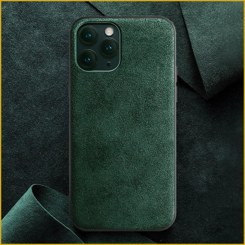 Suede iPhone case showing full-cover design in dark blue colour