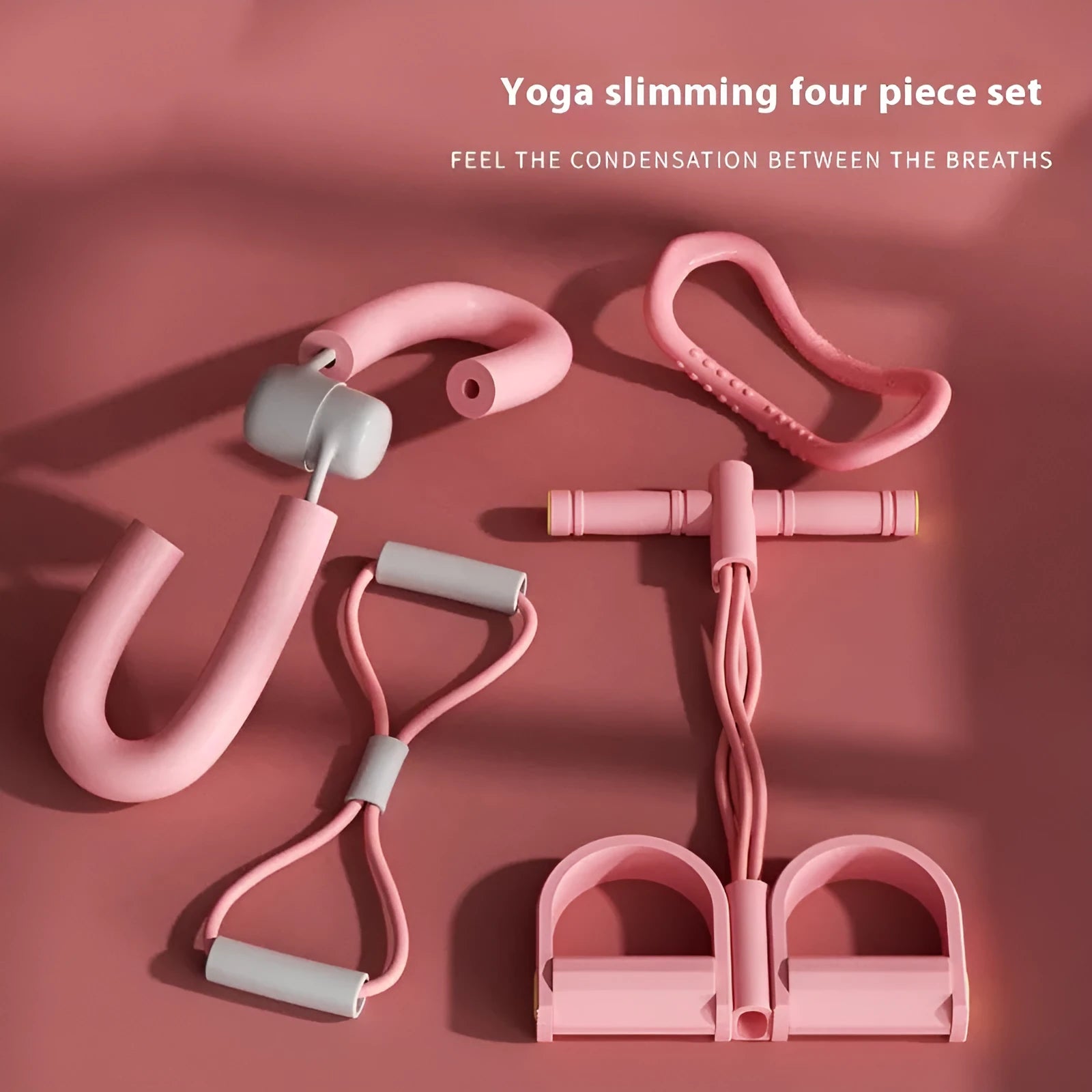 Yoga four-piece fitness set with leg stretching device, yoga ring, pedal tensioner, and figure eight tension rope