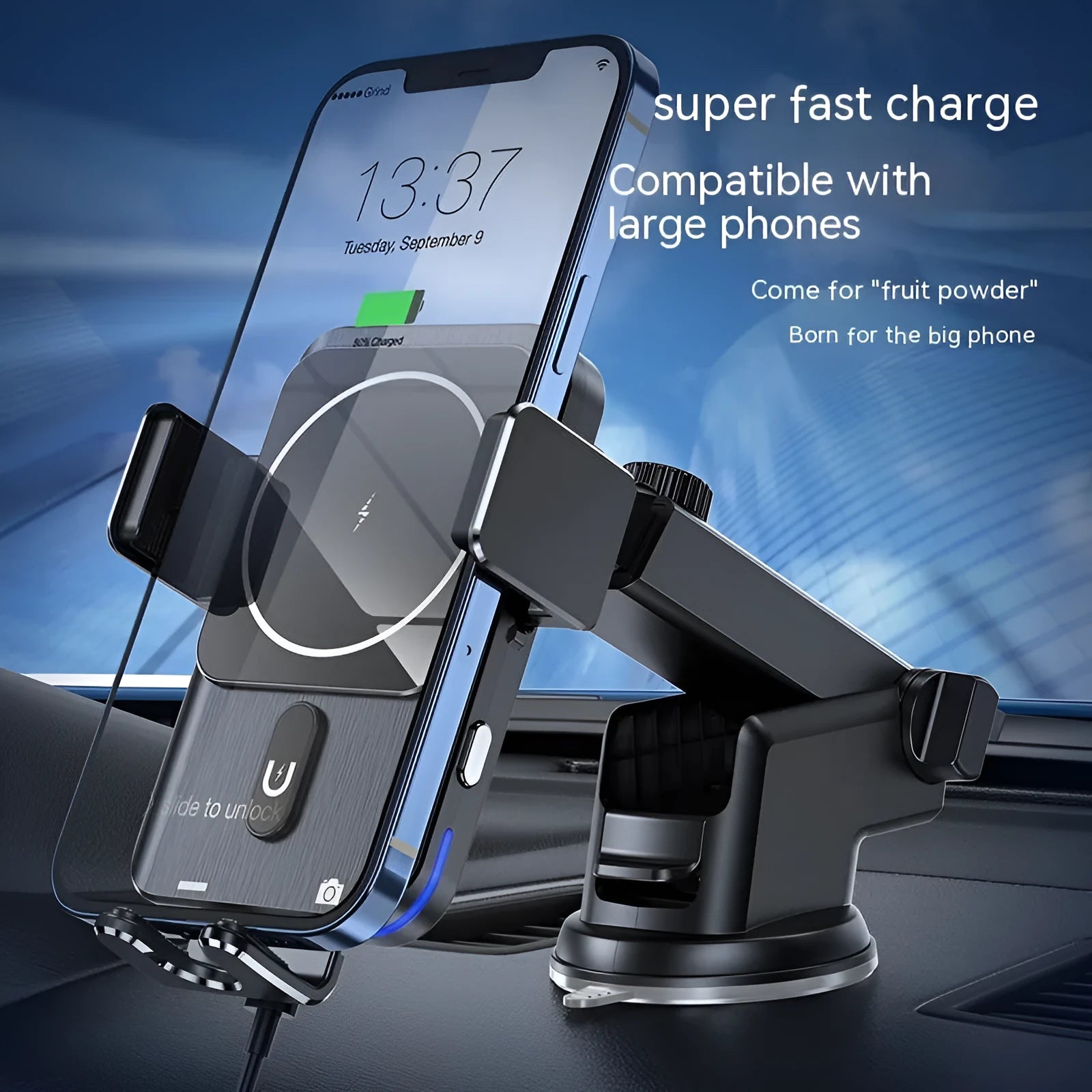 Black car wireless charging phone holder showing 15W charging capability with clip and suction cup mounting options