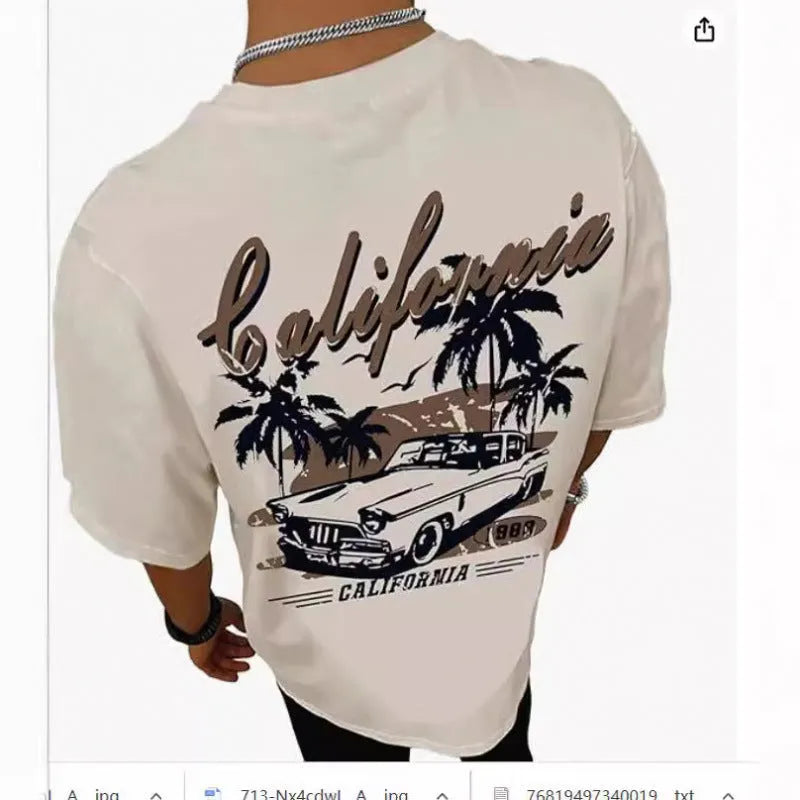 Men's short-sleeved printed street t-shirt on a hanger, showing digital print pattern on polyester fabric.