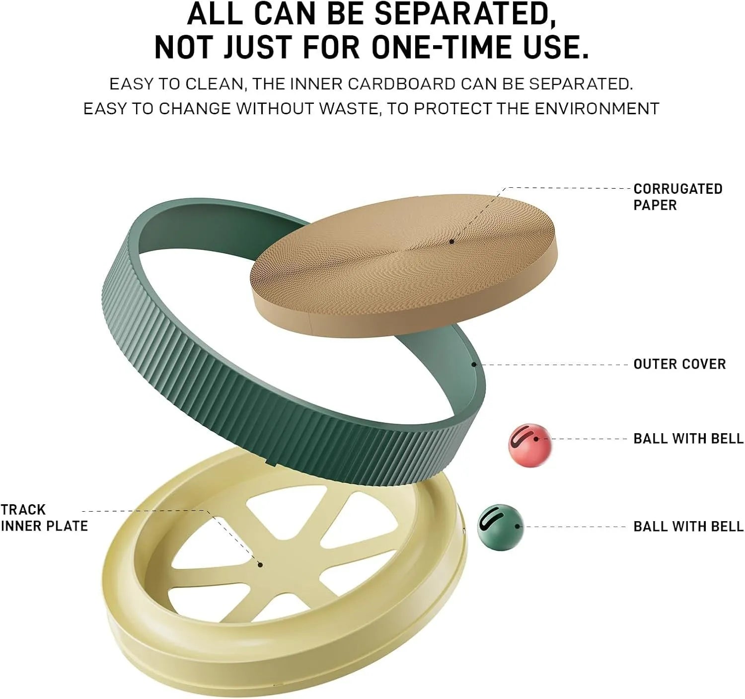 Large green circular cat scratching board with bell balls and a white spring toy in the centre.