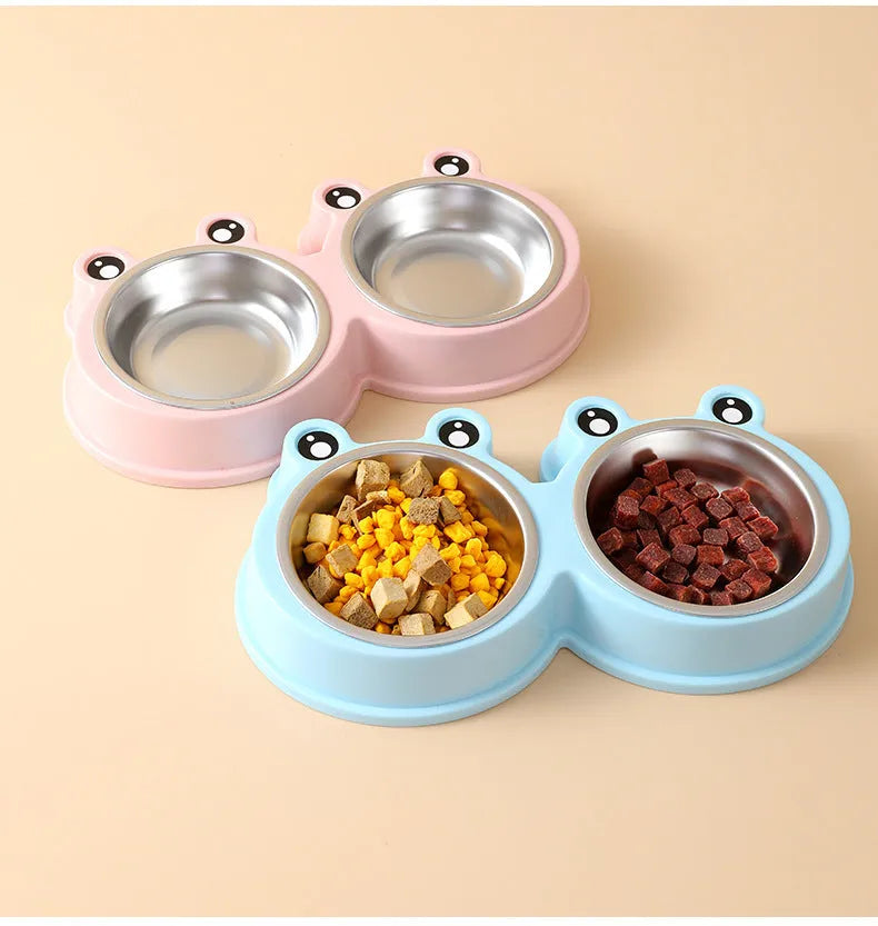 Stainless steel pet double feeding bowl in blue, green, or pink colour for cats and dogs.