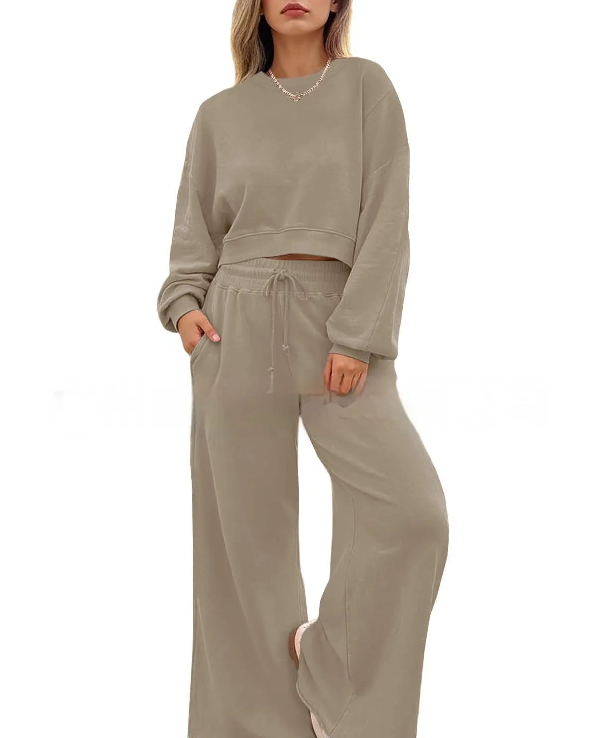 Women's solid colour polyester trousers set with long sleeves in street hipster style