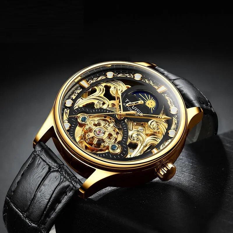 Men's gold and white leather strap automatic mechanical watch with 16mm thick case