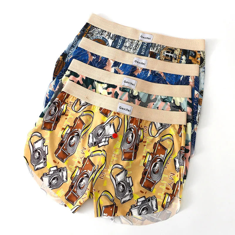 Thin breathable 4XL boxer shorts in graffiti pattern with polyester fabric, seamless design, mid waist, available in leaf green colour