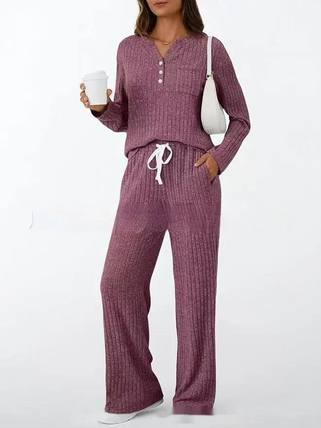 Women's striped knit long coat with V-neck, long sleeves, lace-up details and side pockets