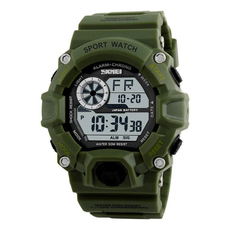 Digital sports watch with round dial, plastic strap, and display showing time, date, and dual time zones.